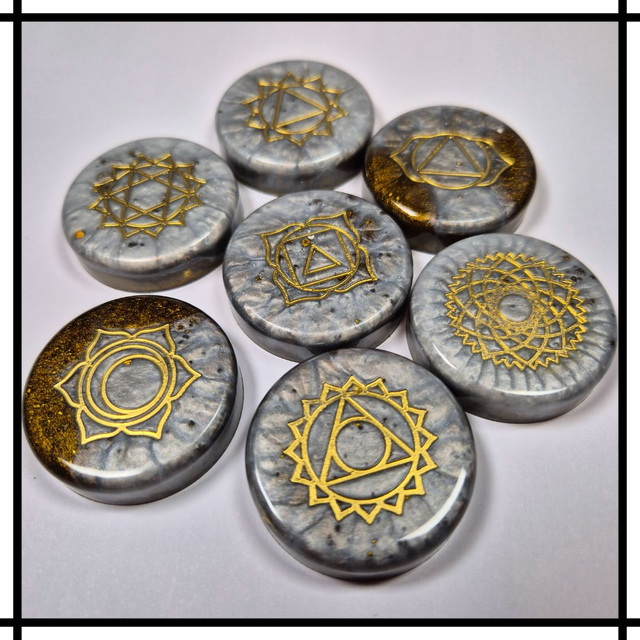 Handmade Resin Chakra Stone Set – 7 Chakra Symbols - Silver, Gold & Coffee | Decorative Spiritual & Mindfulness Décor - CSS-005