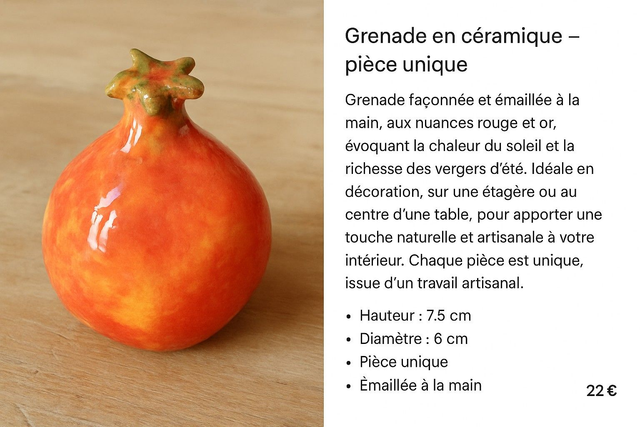 Grenade décorative en céramique émaillée – pièce unique façonnée à la main