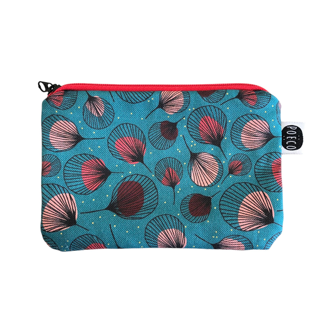 Trousse porte-monnaie -  PLUMES rouges fond vert clair