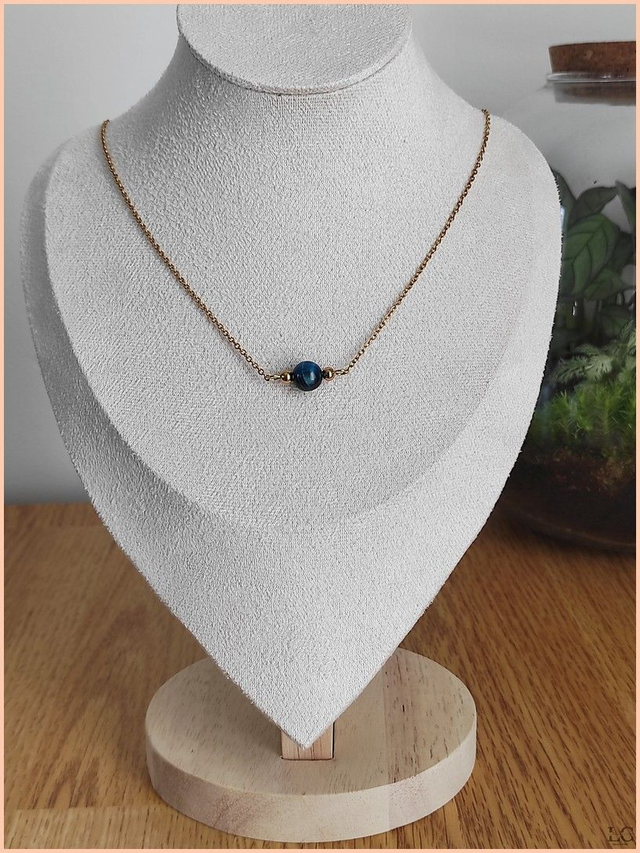 Collier perle solitaire, pierre naturelle -Oeil de tigre bleu