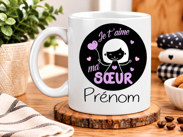 Mug « Je t’aime ma Sœur » avec Prénom – Une Idée Cadeau Originale, Personnalisée et Pleine d’Amour pour une Super Sœur