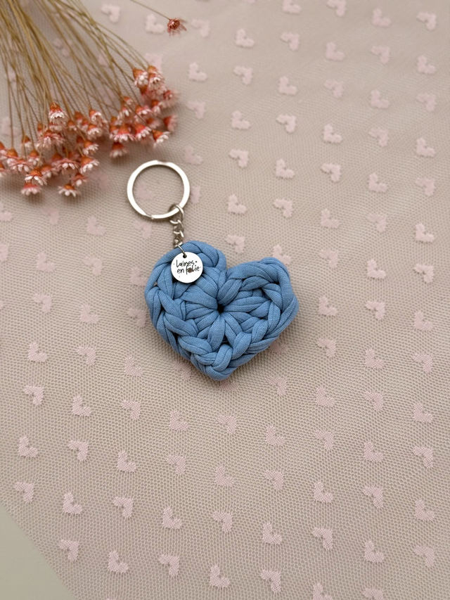 Porte-clés cœur bleu jean clair en coton recyclé
