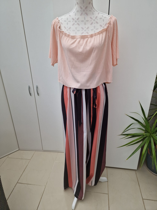 Ensembles Deux Pieces Top Court Rose Pantalon Palazzo A Rayures Rose Blanc Noir Taille 4XL EU52