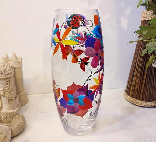 Grand vase Multi peint à la main - thème coccinelles et papillons