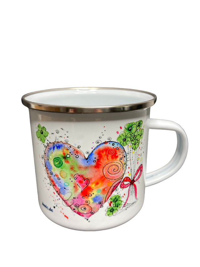 Emailletasse "Herz mit Klee"