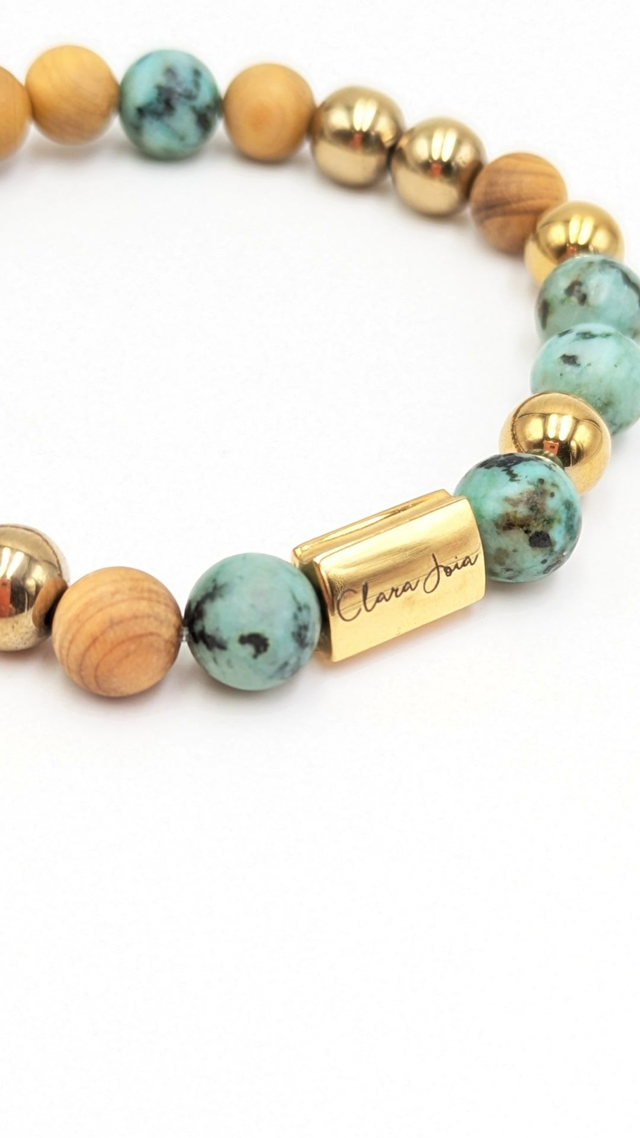 🌿 Bracelet Turquoise africaine, Bois de senteur &amp; Hématite dorée – Perle Clara Joia