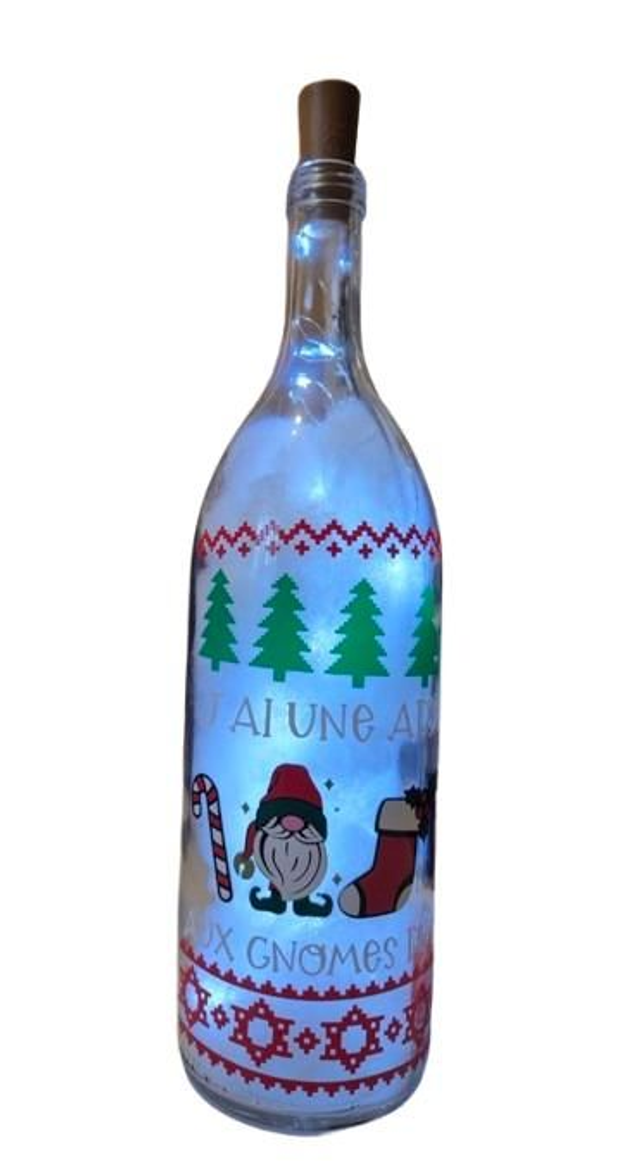 Bouteille lumineuse " J'ai une adduction aux gnomes"