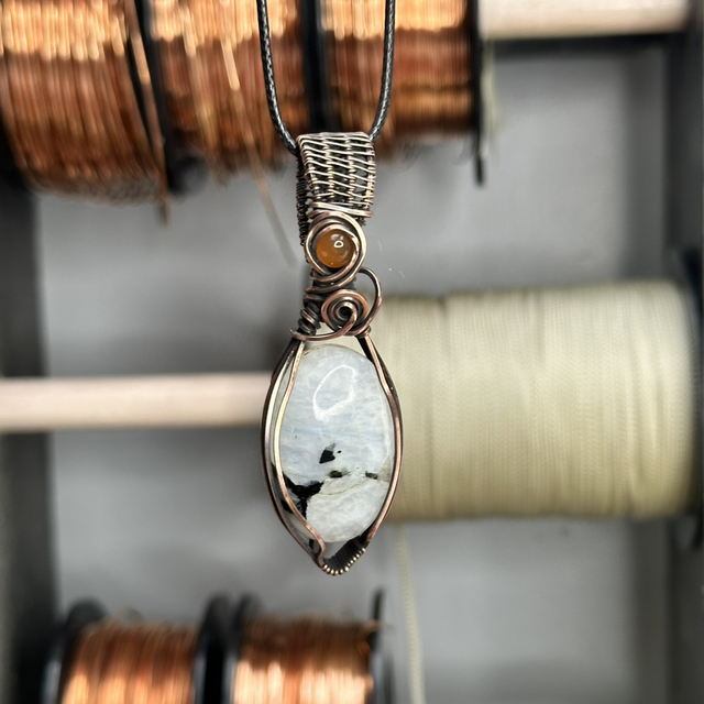 Rainbow moonstone pure copper wrapped pendant 