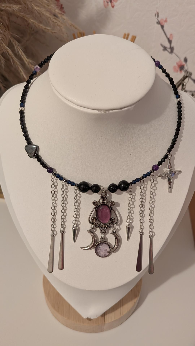 Gothic celestial chocker necklace, black spinnel, tourmaline and amethyst 