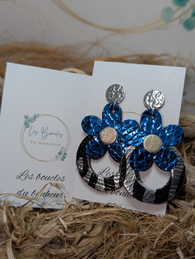 Boucles d'oreilles Baby Marguerite bleu zèbre argenté mp002