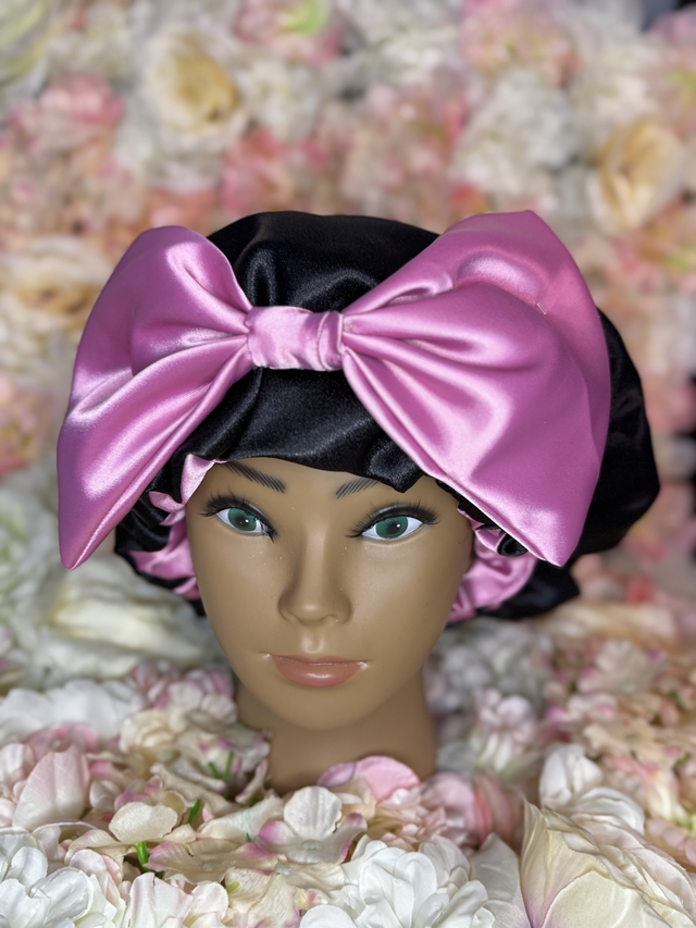 Bonnet en satin soie réversible rose &amp; noir | Avec Nœud | Protection cheveux nuit | Anti-frisottis | Tailles S, M, L | Double face fait main  