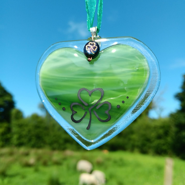 Fused glass Green Heart with hand-painted shamrock