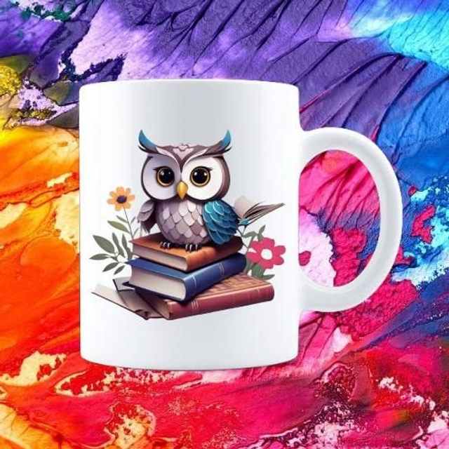 Kaffeebecher Eule auf Buch