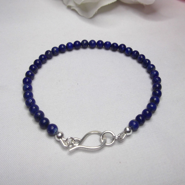 Lapis Lazuli gemstone bracelet of small round beads with recycled sterling silver clasp 