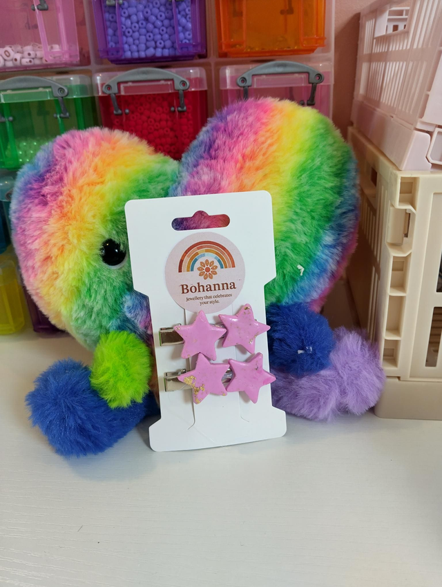 Handmade Polymer clay hair clips -pink Stars 