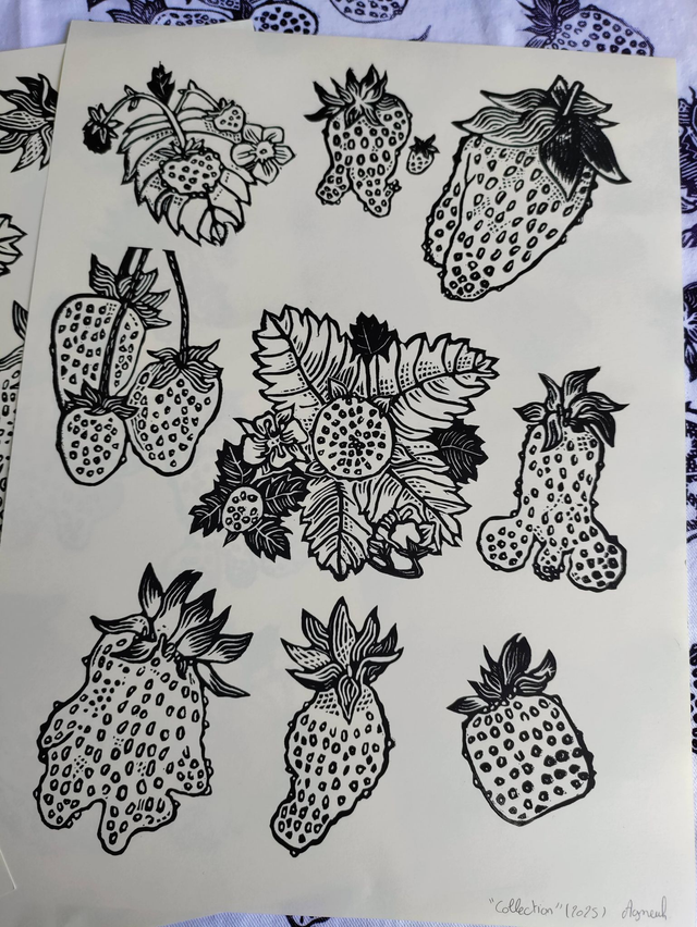 impression linogravure fraises "Collection" 24X32cm