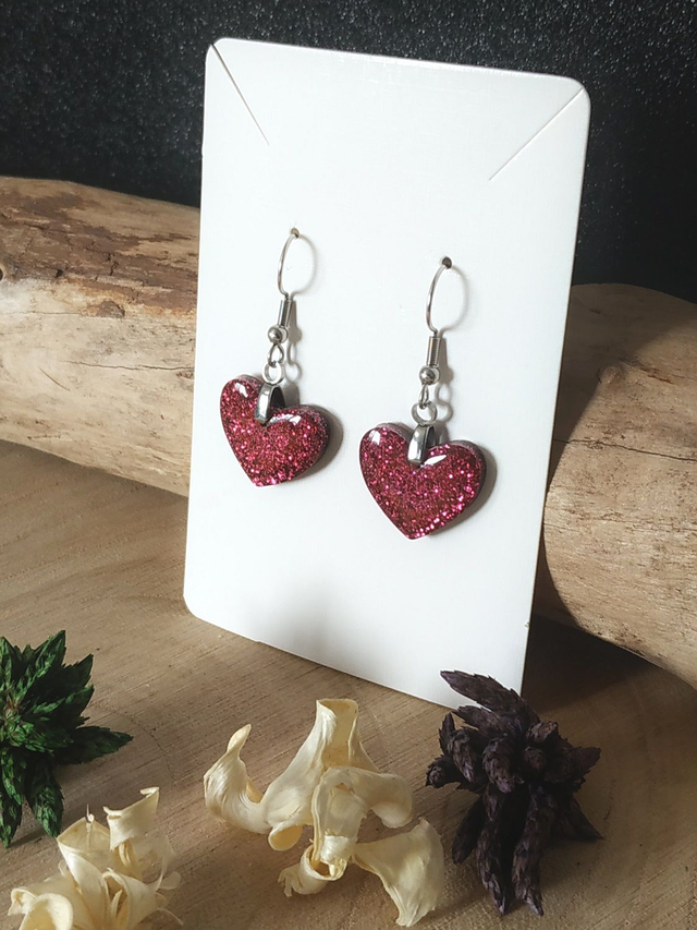 Boucles d'oreilles cœur violet pailleté