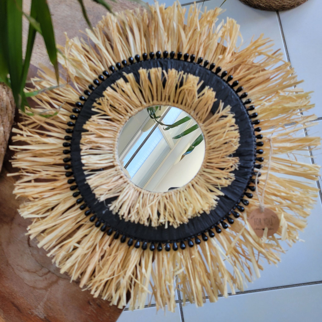 miroir rond en raphia naturel