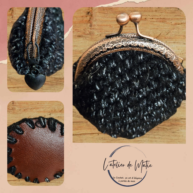 Porte monnaie crocheté noir avec fond cuir