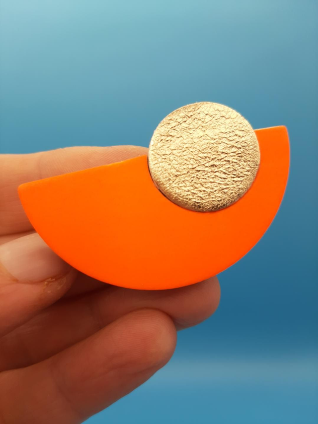 Leather brooch - orange / gold