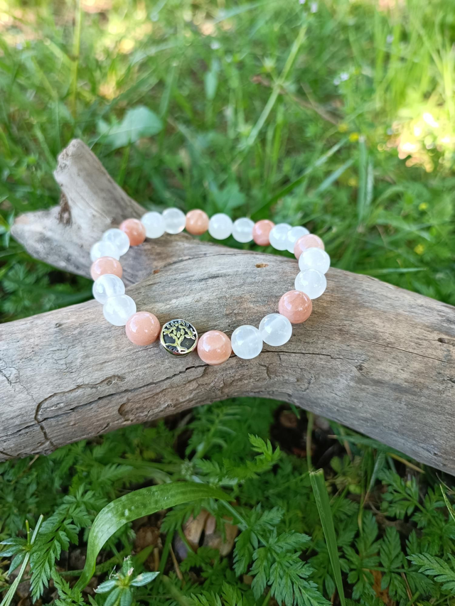 Sélénite et Pierre de Lune Rose