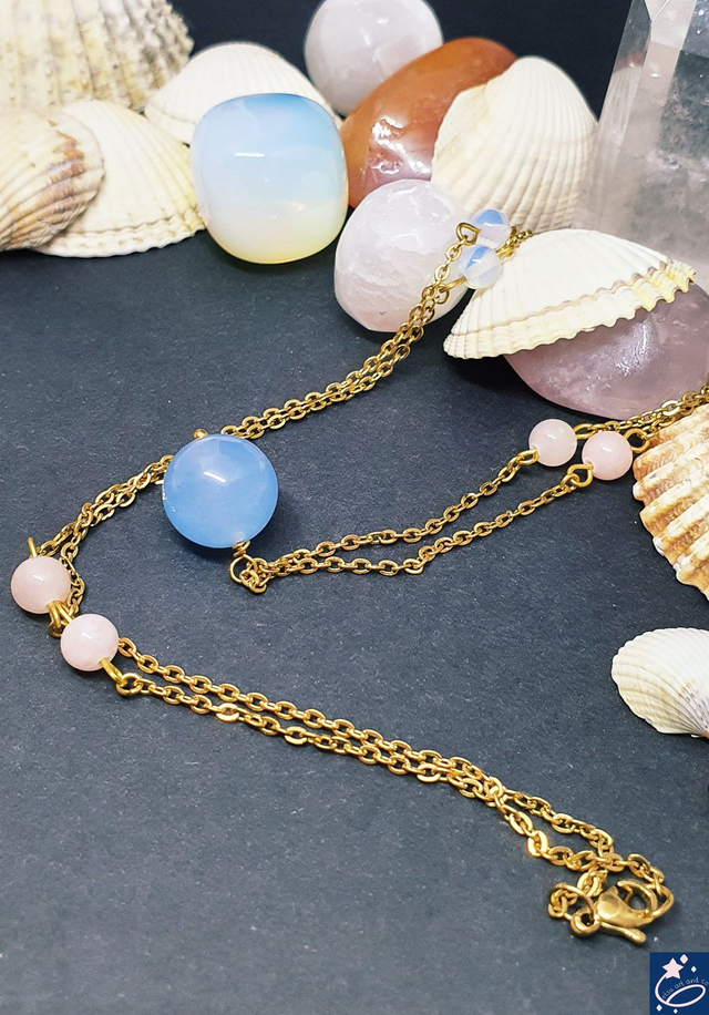 Collier sautoir jade bleue, opalite et jade rose