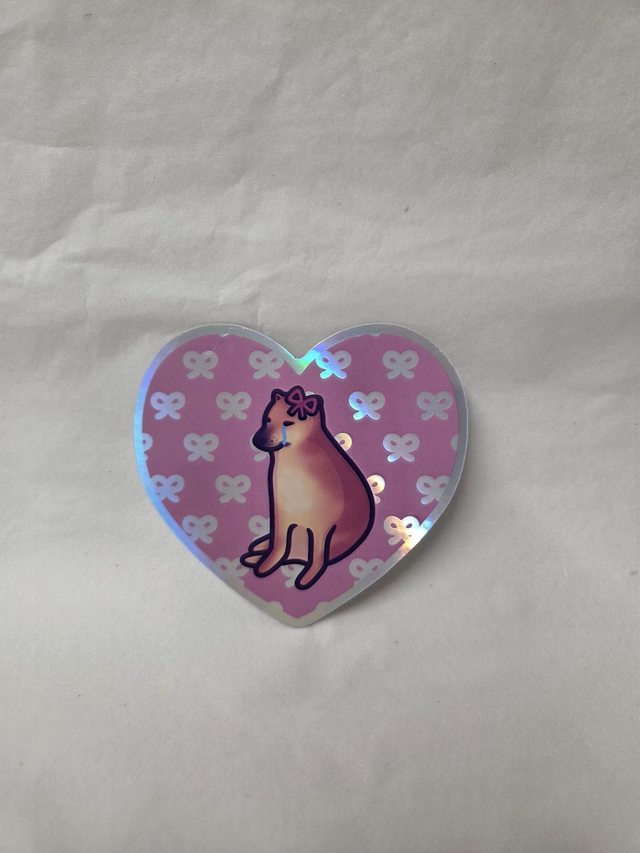 Sad Doge With Bows Holographic Heart Shaped Sticker - ST-039