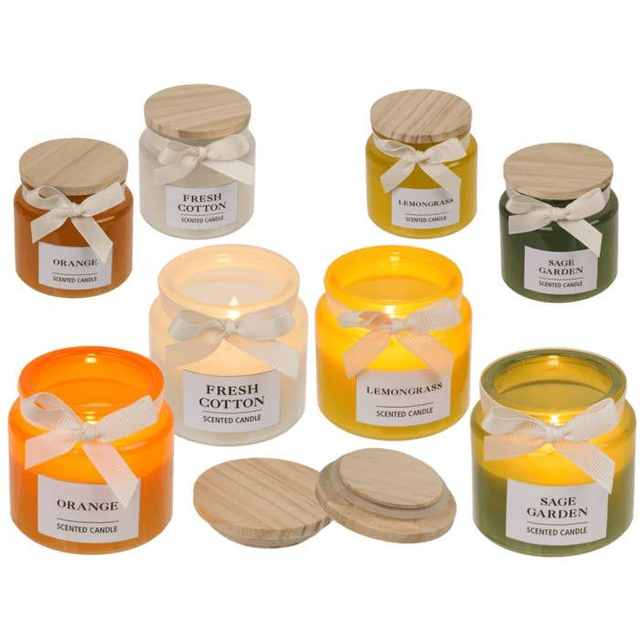 Candela in vetro con coperchio in legno