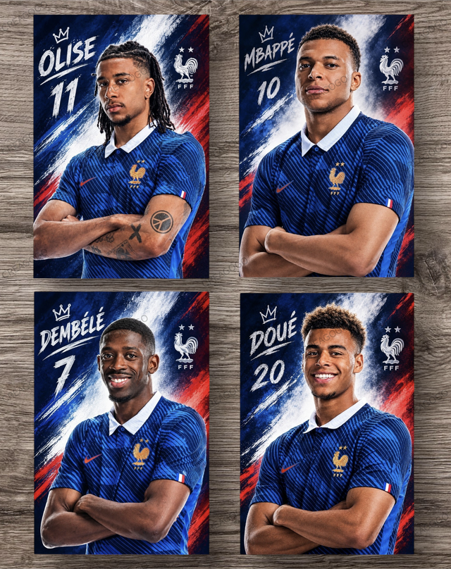 Lot de 4 affiches Poster football Équipe de France Kylian Mbappé Olise Dembélé Doué - Cadeau unique EDF 2 étoiles format A4 21x29,7cm