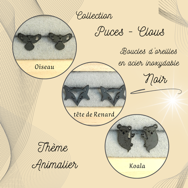 Clous d&#039;oreilles - Thème Animalier - Acier Noir