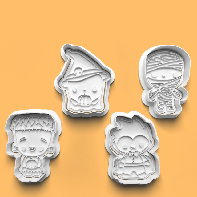 Halloween Little Monsters Cutter Embosser Set of 4 Cookie Cutters &amp; Stamps Biscuit Mould Debossed