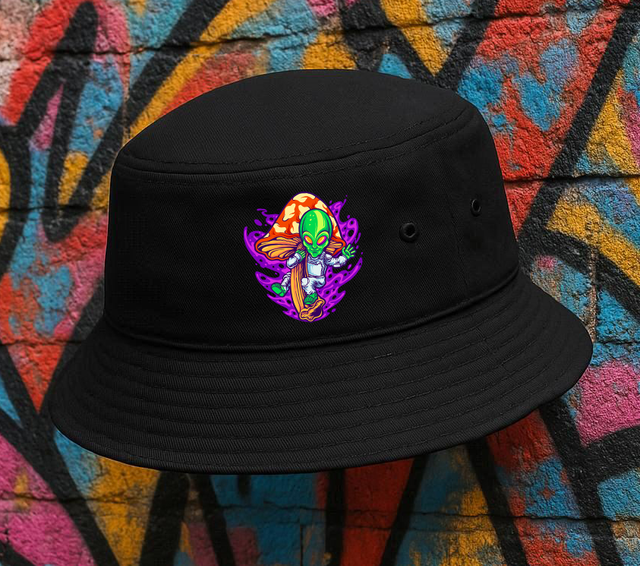 Black Bucket Hat with Magic Mushroom Alien Design