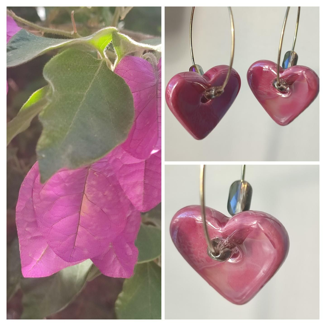 Coeurs fushia en céramique et verre, créoles en acier inoxydable doré -sans nickel, pièce unique 