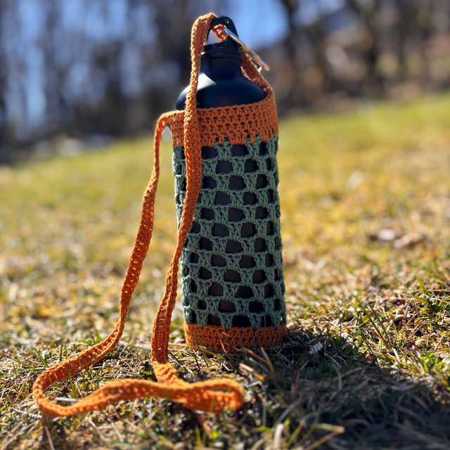 Porte-gourde en crochet - Vert menthe &amp; orange - Coton 