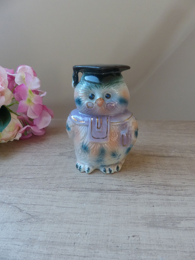 Tirelire Figurine Hibou Savant en Céramique Portant un Chapeau des Lunettes et un Livre, Cadeau Projet Réussite Exament Diplôme Université