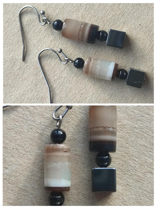 Boucles agate noire et hématite en acier inoxydable argenté -sans nickel -