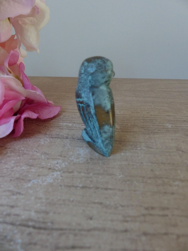 Figurine chouette hibou en laiton fait en Grèce, Sculpture Chouette d'Athéna en laitonné bleu, Collection oiseaux petits animaux en laiton