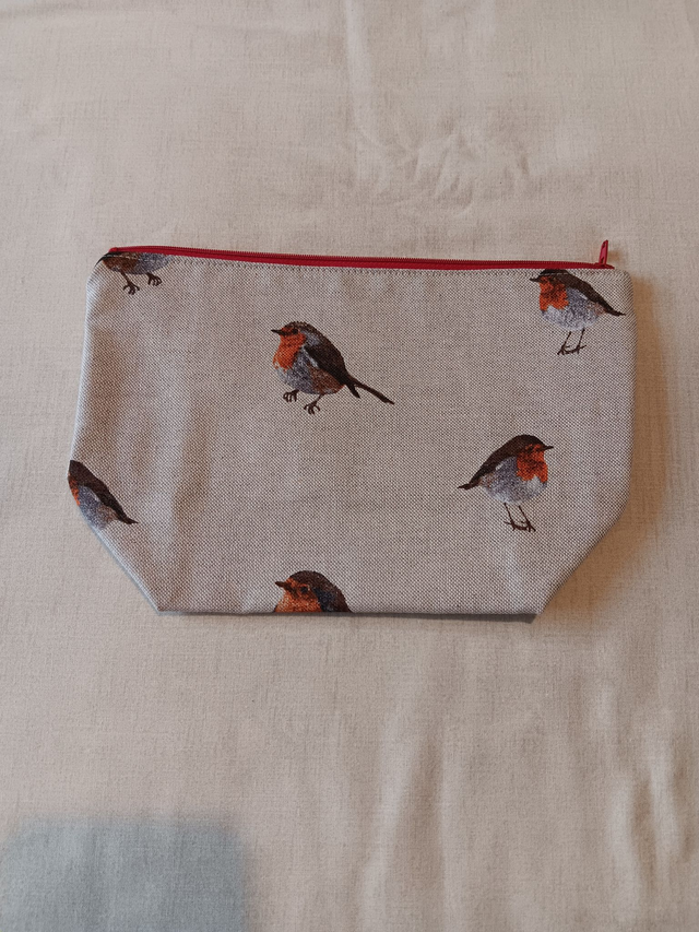 Box/Wash/Cosmetic Robin Print Cotton Fabric with Red Waterproof Lining