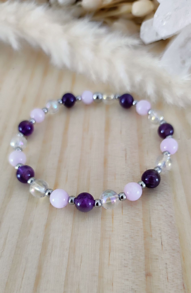 Bracelet "Guérison émotionnelle" Kunzite, Améthyste et Quartz Aura