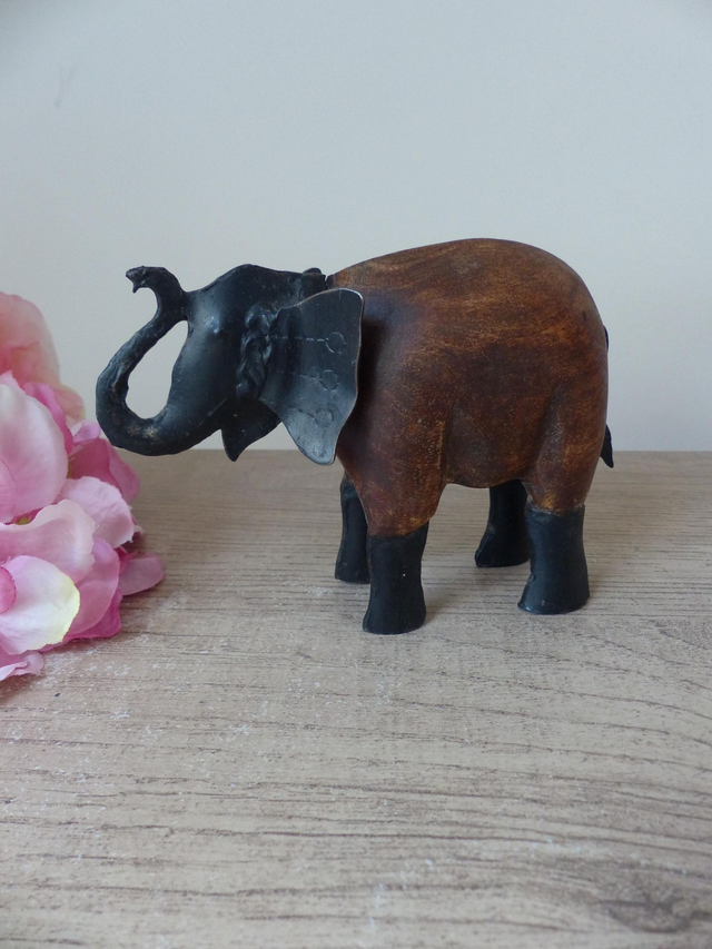 Figurine éléphant en bois et métal, Eléphant sculpté en bois, artisanat indien, Vintage wood and Iron elephant, sculpture éléphant cadeau