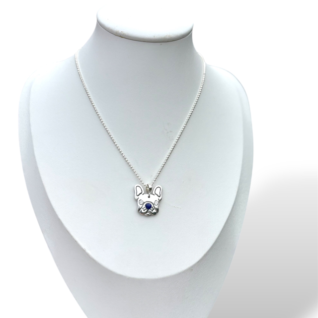 TEAM CHIEN Bouledogue Français Pendentif en argent écologique , Lapis Lazuli, Zirconia cristal et chaine en argent