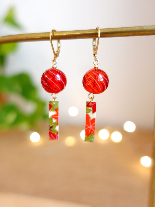 Carillon japonais / Clochette à vent / Fūrin / INOX doré / Boucles d'oreilles papier japonais WASHI / Bijou japonais / Rouge, Or /