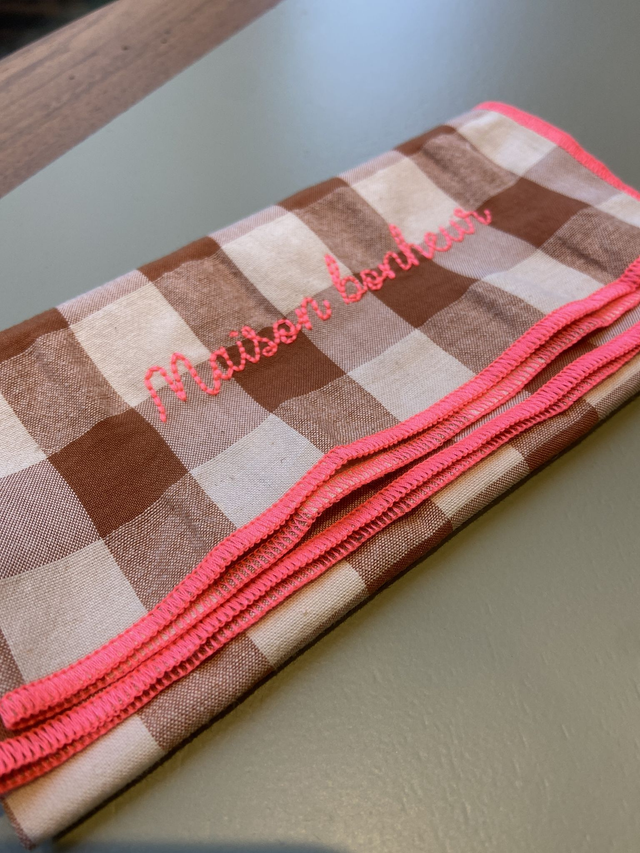 Serviette de table - Vichy argile - broderie Maison Bonheur