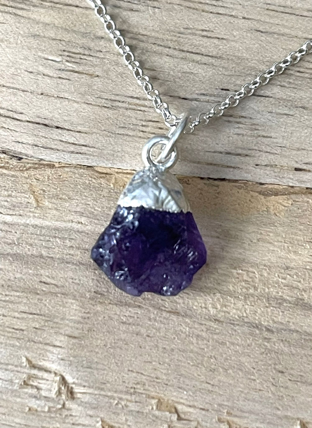 February - Amethyst birthstone necklace - raw & topped with sterling silver