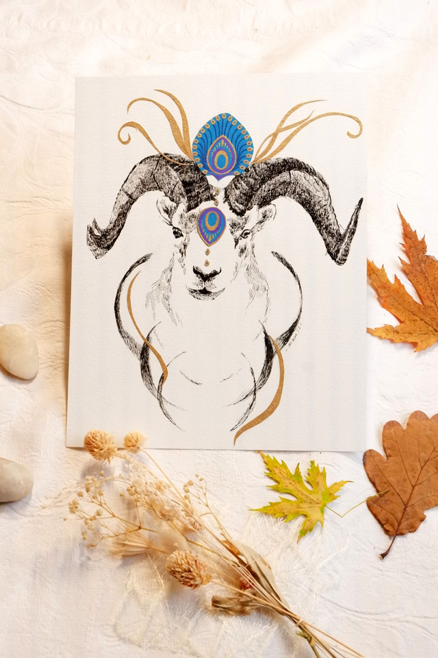 Illustration originale noir et blanc "Le Mouflon roi"