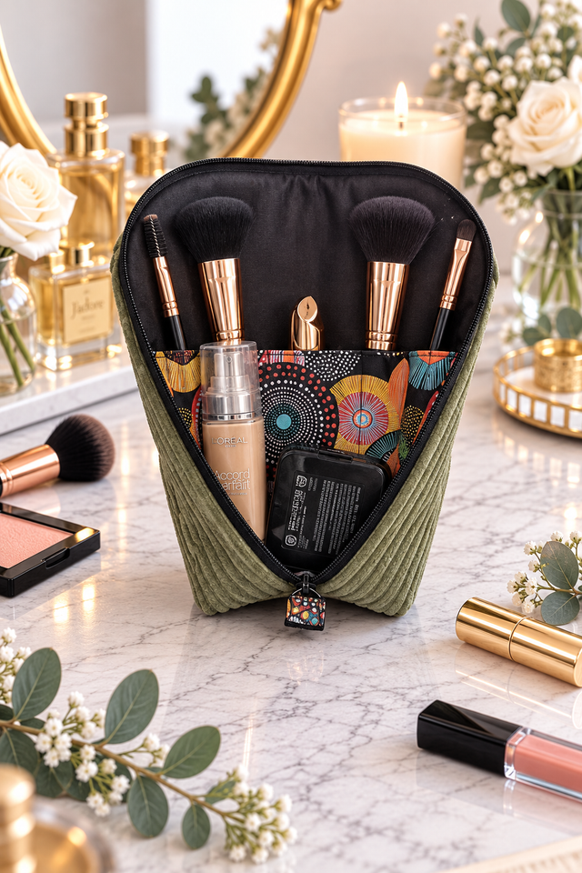 Trousse à maquillage nomade velours côtelé kaki 