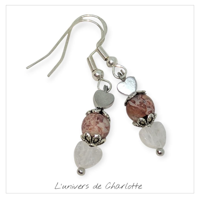 Boucles d&#039;oreilles &quot;Jaspe léopard/Cristal de roche&quot; BO-046