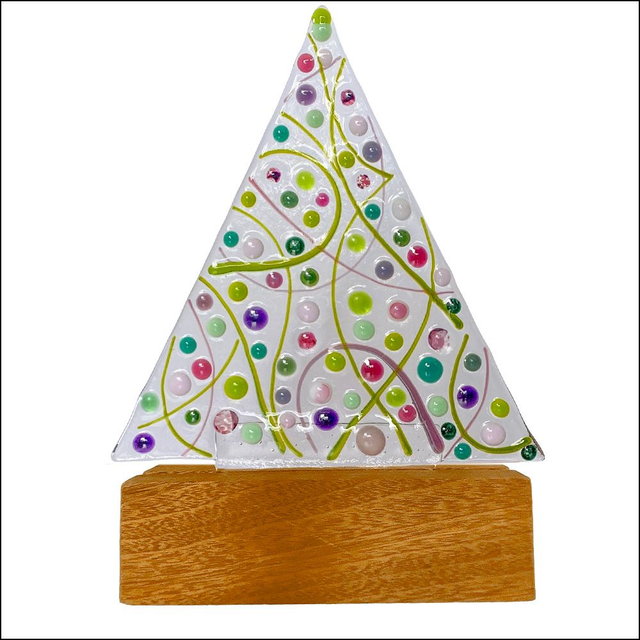 Large triangular Christmas tree on wooden base - greens and pinks