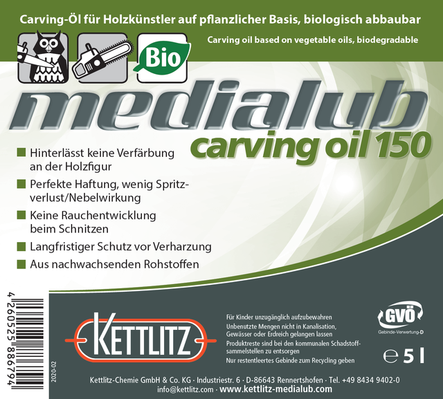 KETTLITZ-Medialub Carving Oil 150 - Bio Kettenöl für Holzschnitzer