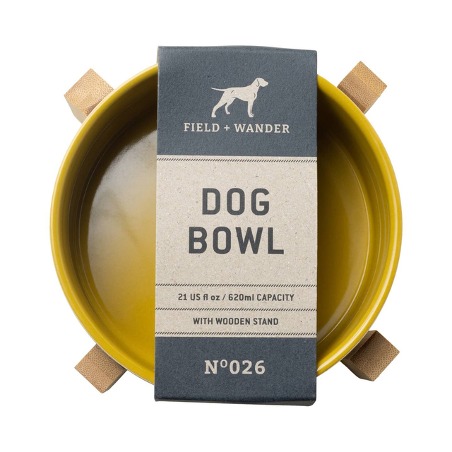 Field &amp; Wander Ceramic Dog Bowl with Bamboo Stand - Yellow